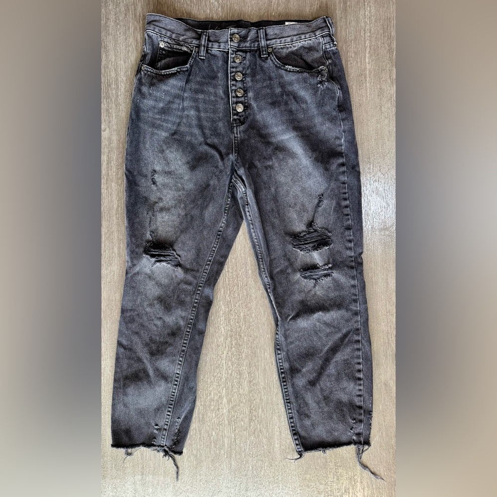 Free People Black Denim High R High Waisted Button Fly Distressed Jeans 30
